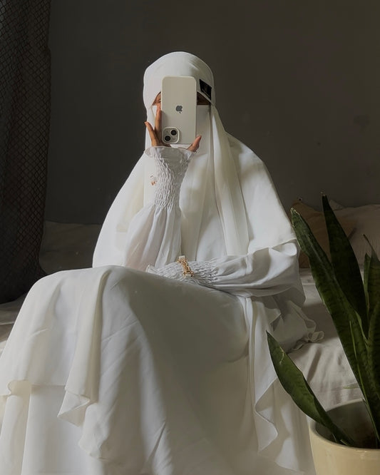 ✨ Presenting: Burkhawala Premium White Abaya with Attached Khimar & Nose Piece ✨