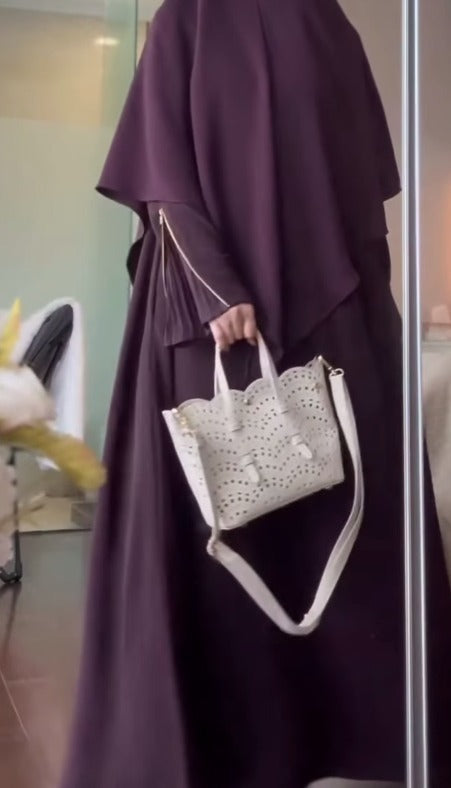 Premium 3-Piece Imported Saltosh Abaya Set Elegant Zipper Sleeve Design Perfect for Hajj & Umrah