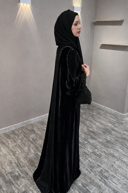Imported Velvet & Seltos Abaya Elegant Navy Blue Designer Islamic Wear