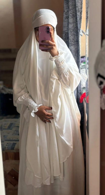 ✨ Presenting: Burkhawala Premium White Abaya with Attached Khimar & Nose Piece ✨