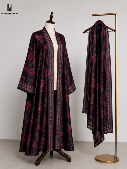 Premium Black Floral Printed Long Shrug with Matching Dupatta