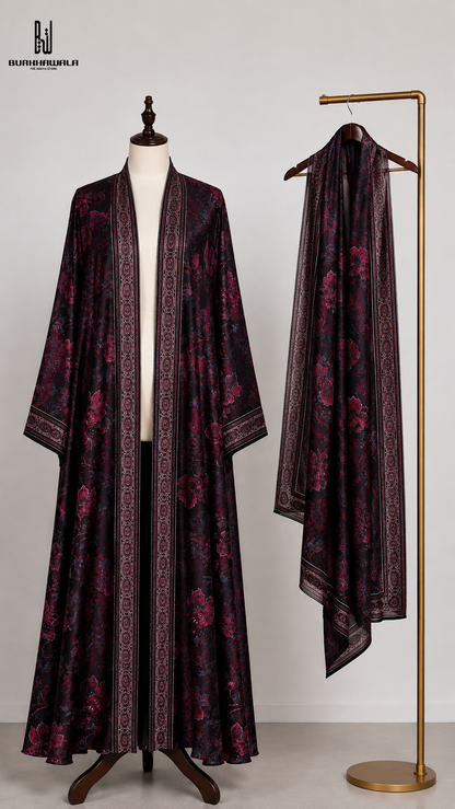Premium Black Floral Printed Long Shrug with Matching Dupatta