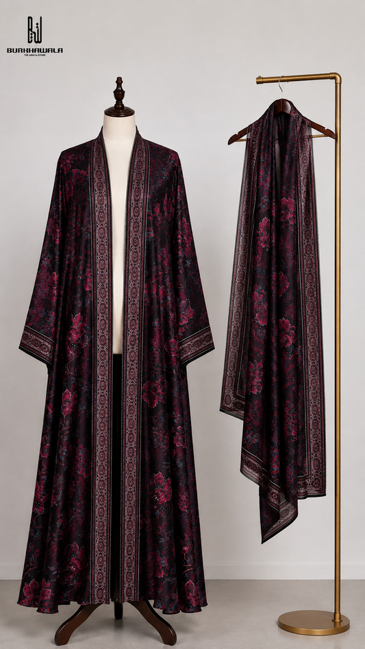 Premium Black Floral Printed Long Shrug with Matching Dupatta