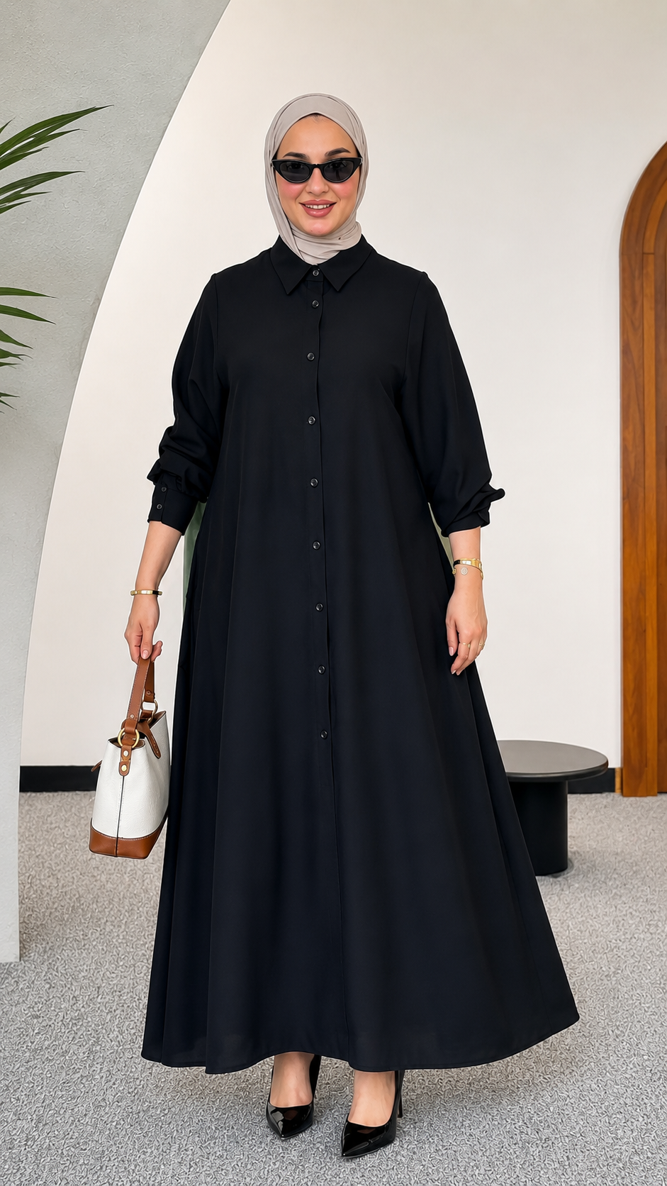 Premium Black Front Button A-Line One Piece Outfit Dress with Classic Collar