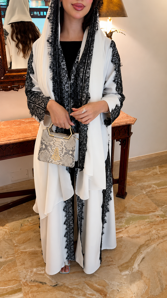 Premium White 3-Piece Abaya Set with Black Lace Detail – Luxury Inner Dress, Open Abaya & Matching Hijab