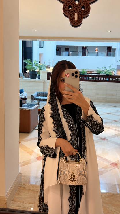 Premium White 3-Piece Abaya Set with Black Lace Detail – Luxury Inner Dress, Open Abaya & Matching Hijab