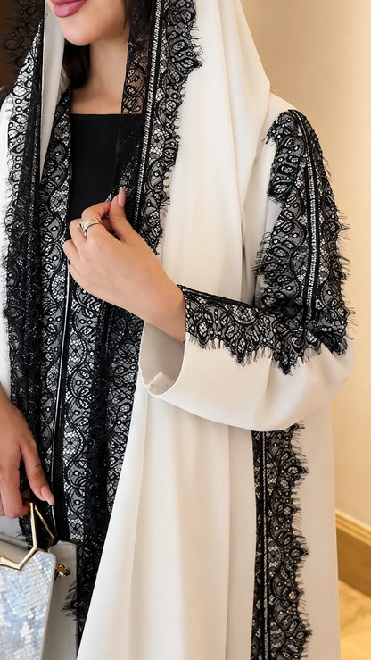 Premium White 3-Piece Abaya Set with Black Lace Detail – Luxury Inner Dress, Open Abaya & Matching Hijab