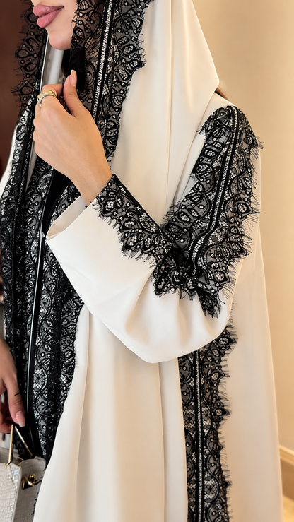 Premium White 3-Piece Abaya Set with Black Lace Detail – Luxury Inner Dress, Open Abaya & Matching Hijab