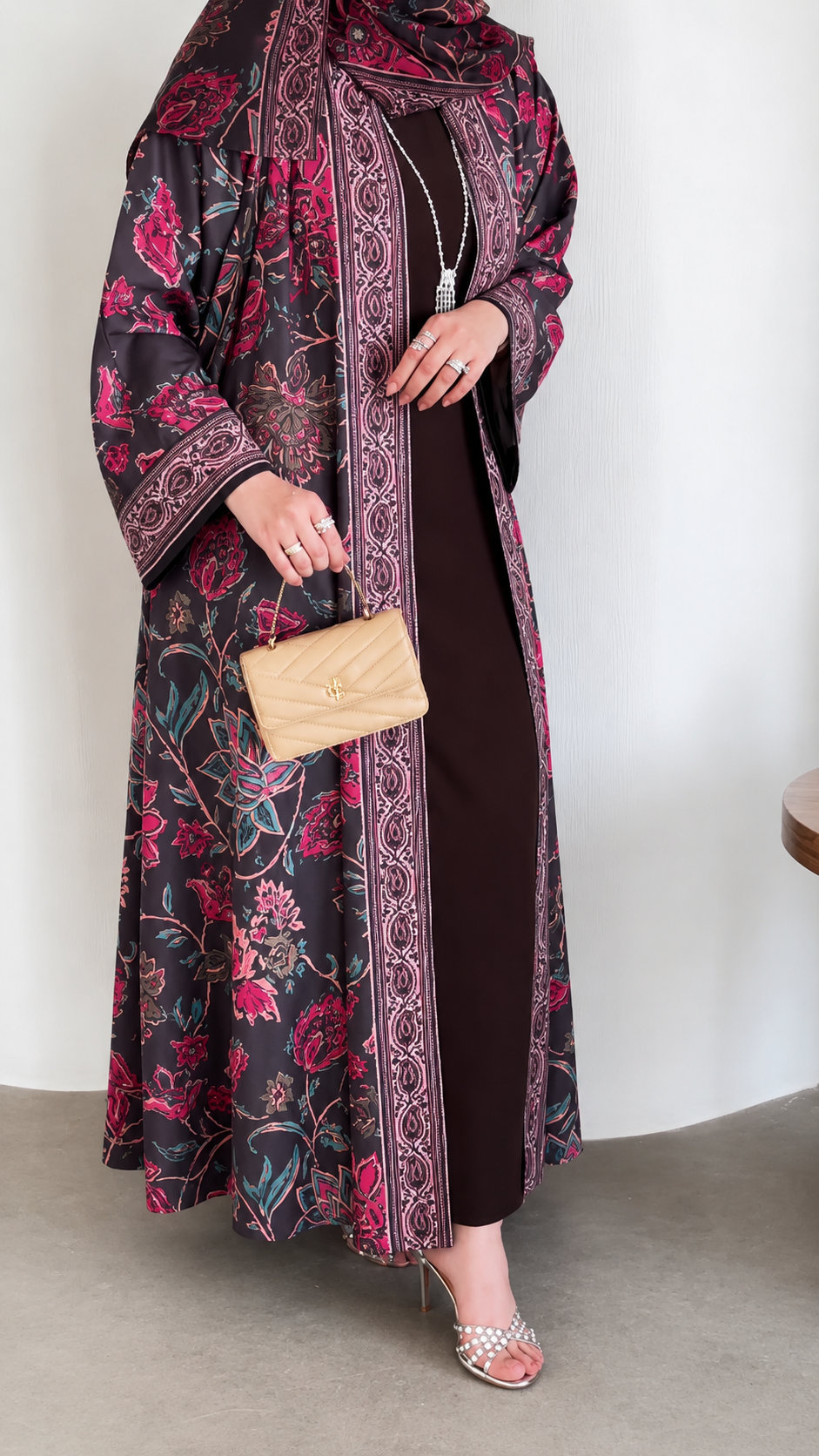 Premium Printed Shrug Style Abaya Set with Dupatta – Elegant Floral Open Front Abaya for Women