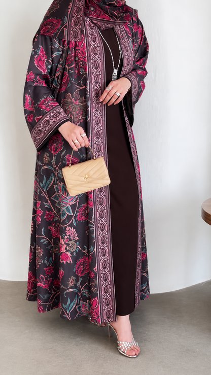 Premium Printed Shrug Style Abaya Set with Dupatta – Elegant Floral Open Front Abaya for Women