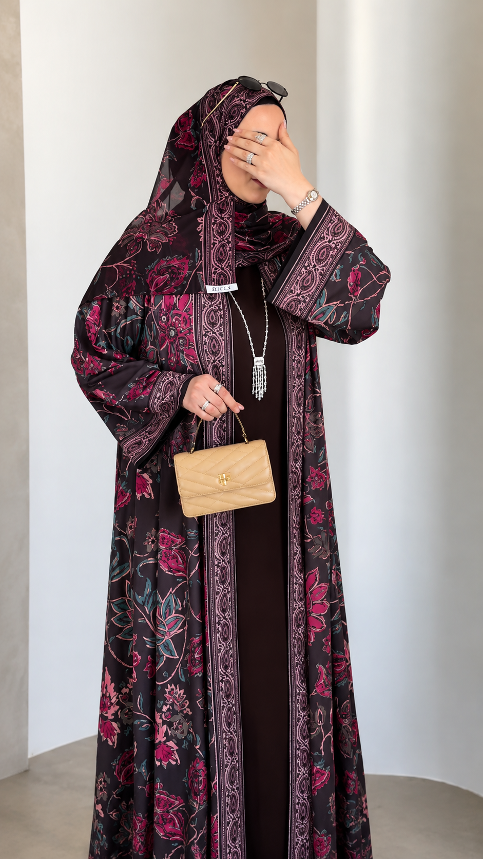 Premium Printed Shrug Style Abaya Set with Dupatta – Elegant Floral Open Front Abaya for Women