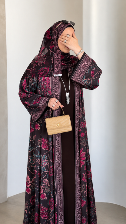 Premium Printed Shrug Style Abaya Set with Dupatta – Elegant Floral Open Front Abaya for Women