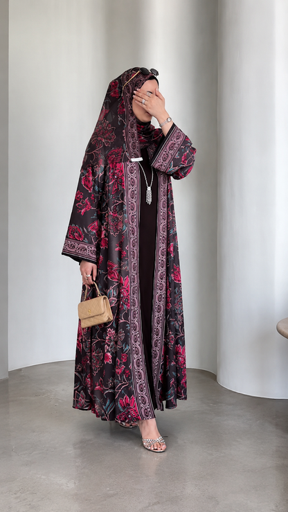 Premium Printed Shrug Style Abaya Set with Dupatta – Elegant Floral Open Front Abaya for Women