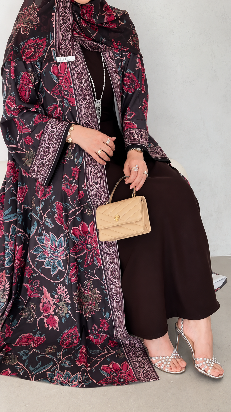 Premium Printed Shrug Style Abaya Set with Dupatta – Elegant Floral Open Front Abaya for Women