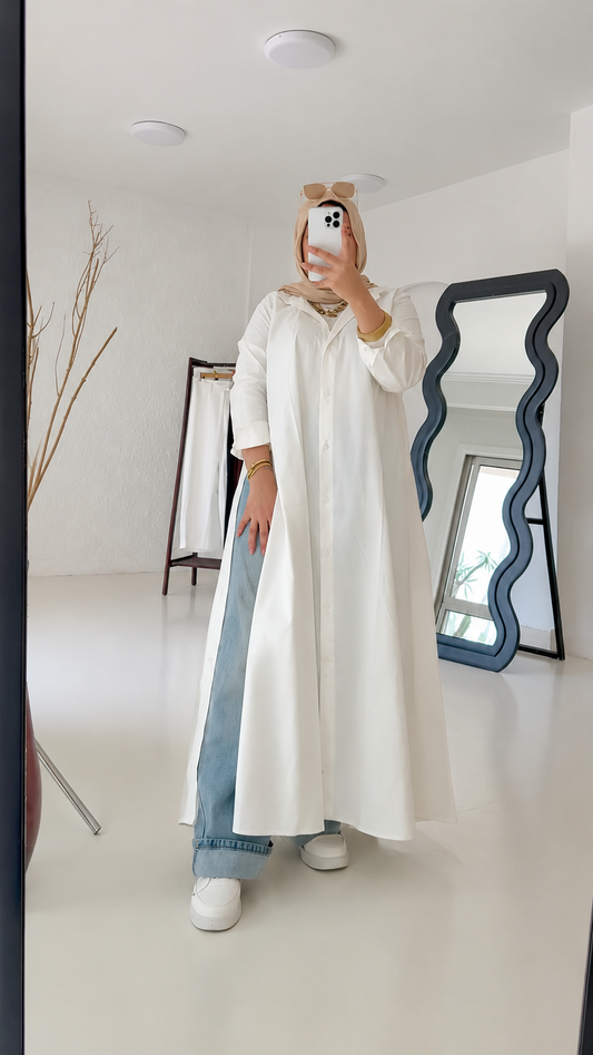 remium White Shirt Abaya for Women – Front Open Casual Modest Wear | Stylish Everyday Abaya