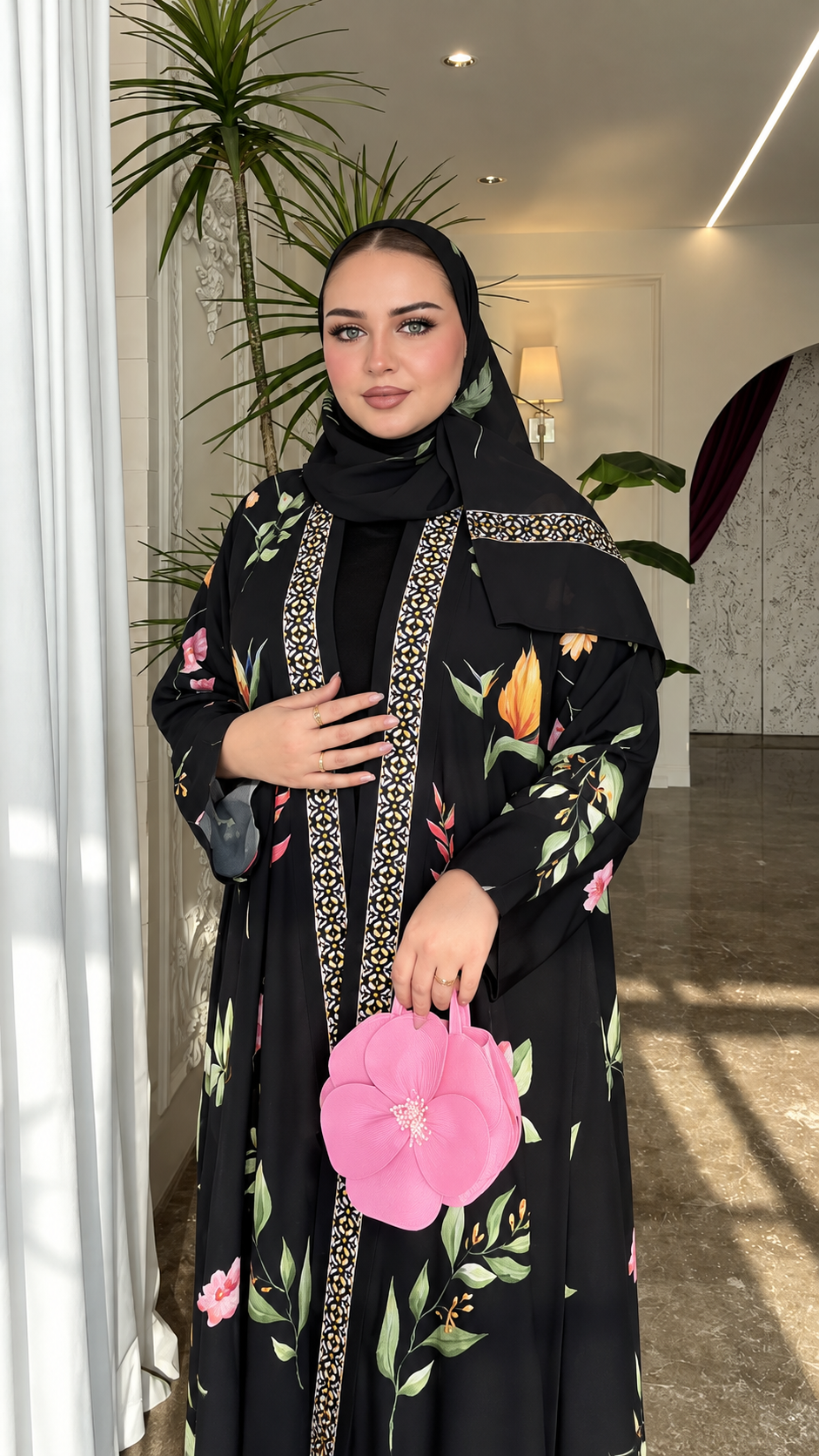Premium Black Botanical Floral Printed Abaya