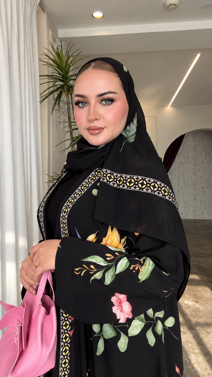 Premium Black Botanical Floral Printed Abaya