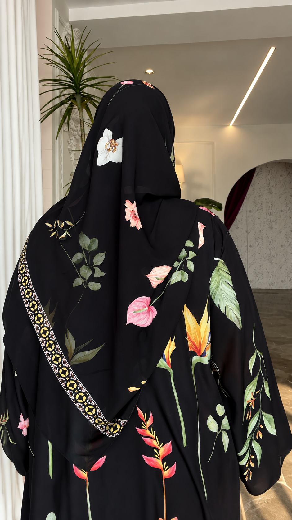 Premium Black Botanical Floral Printed Abaya