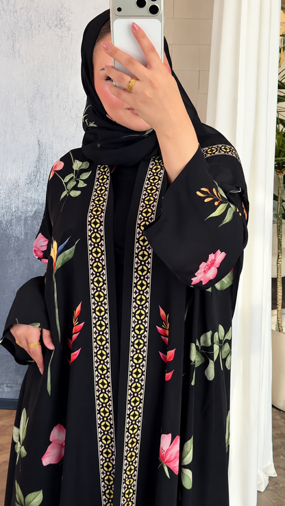 Premium Black Botanical Floral Printed Abaya