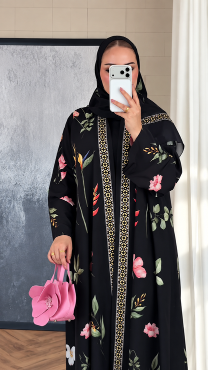 Premium Black Botanical Floral Printed Abaya