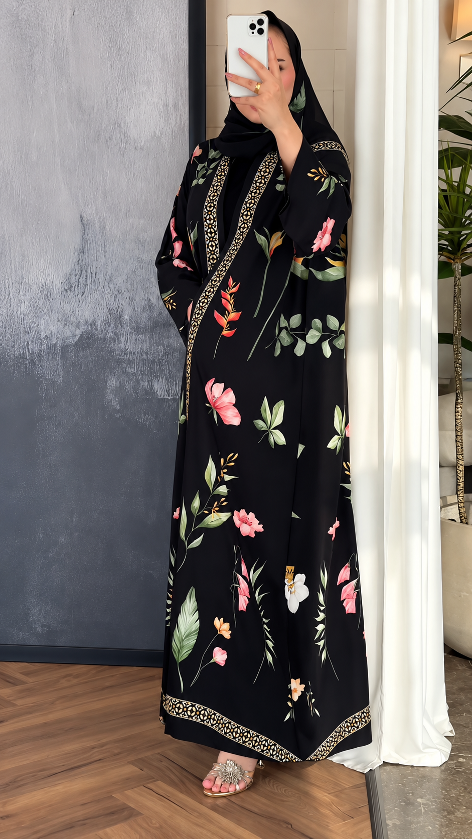 Premium Black Botanical Floral Printed Abaya