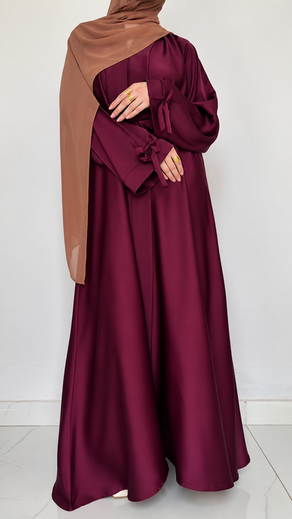 Premium Wine Bow Sleeve Abaya with Matching Dupatta – Elegant Flowy Abaya Set