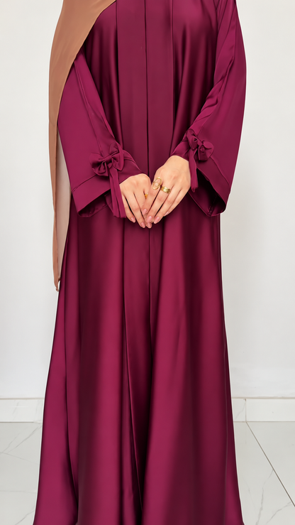 Premium Wine Bow Sleeve Abaya with Matching Dupatta – Elegant Flowy Abaya Set