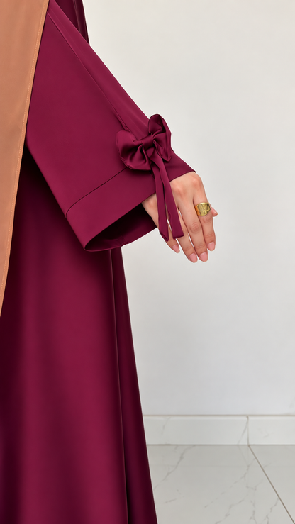 Premium Wine Bow Sleeve Abaya with Matching Dupatta – Elegant Flowy Abaya Set