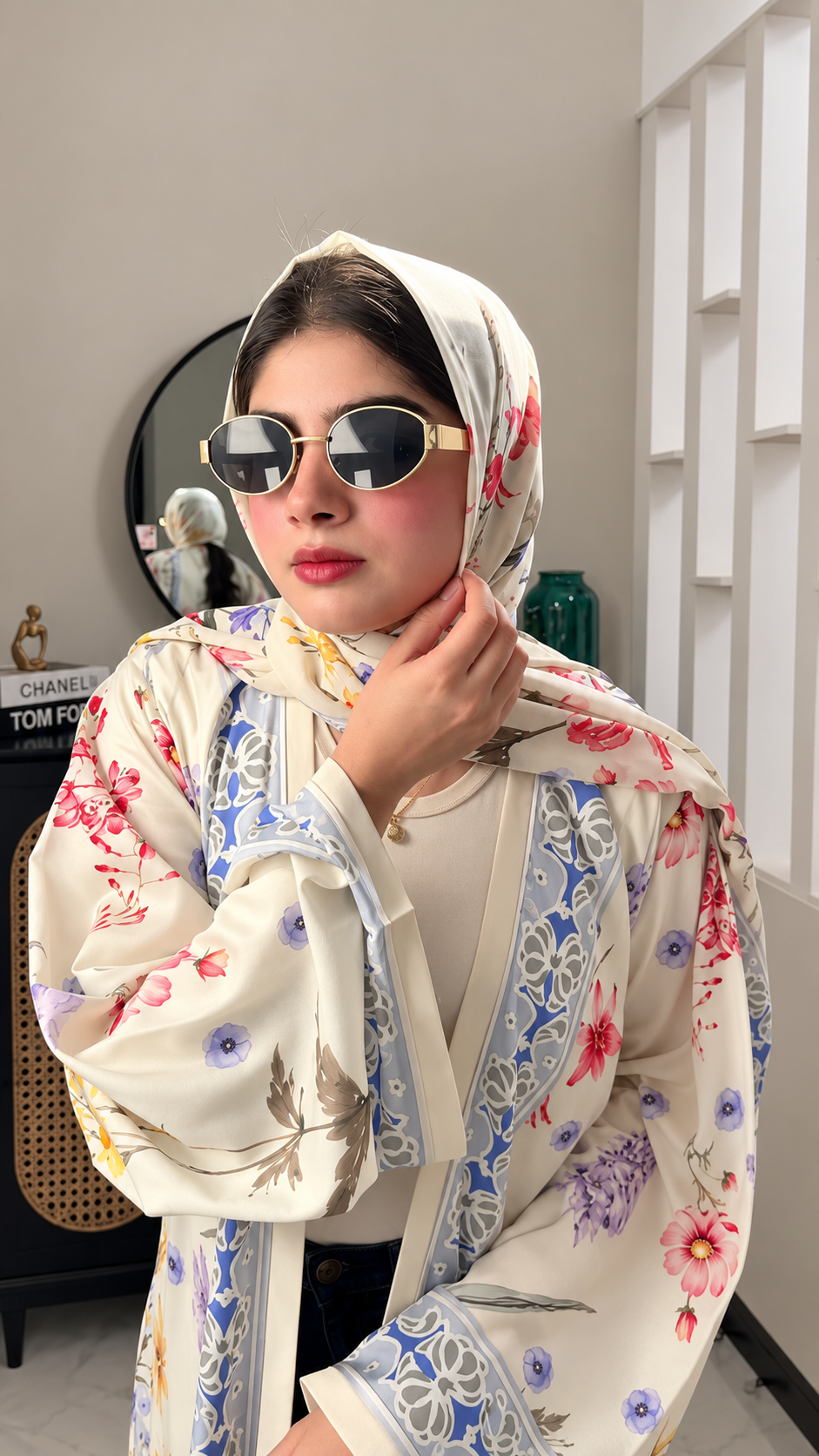 Premium Ivory Floral Printed Shrug Abaya Set with Matching Dupatta