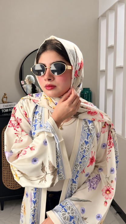 Premium Ivory Floral Printed Shrug Abaya Set with Matching Dupatta