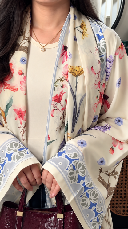 Premium Ivory Floral Printed Shrug Abaya Set with Matching Dupatta