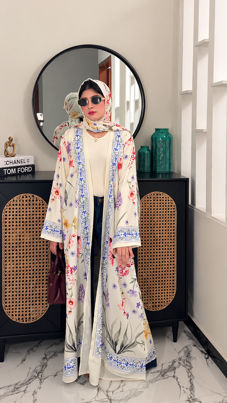 Premium Ivory Floral Printed Shrug Abaya Set with Matching Dupatta