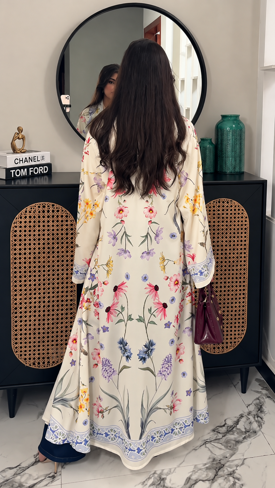 Premium Ivory Floral Printed Shrug Abaya Set with Matching Dupatta