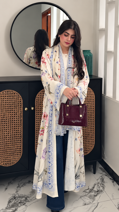 Premium Ivory Floral Printed Shrug Abaya Set with Matching Dupatta