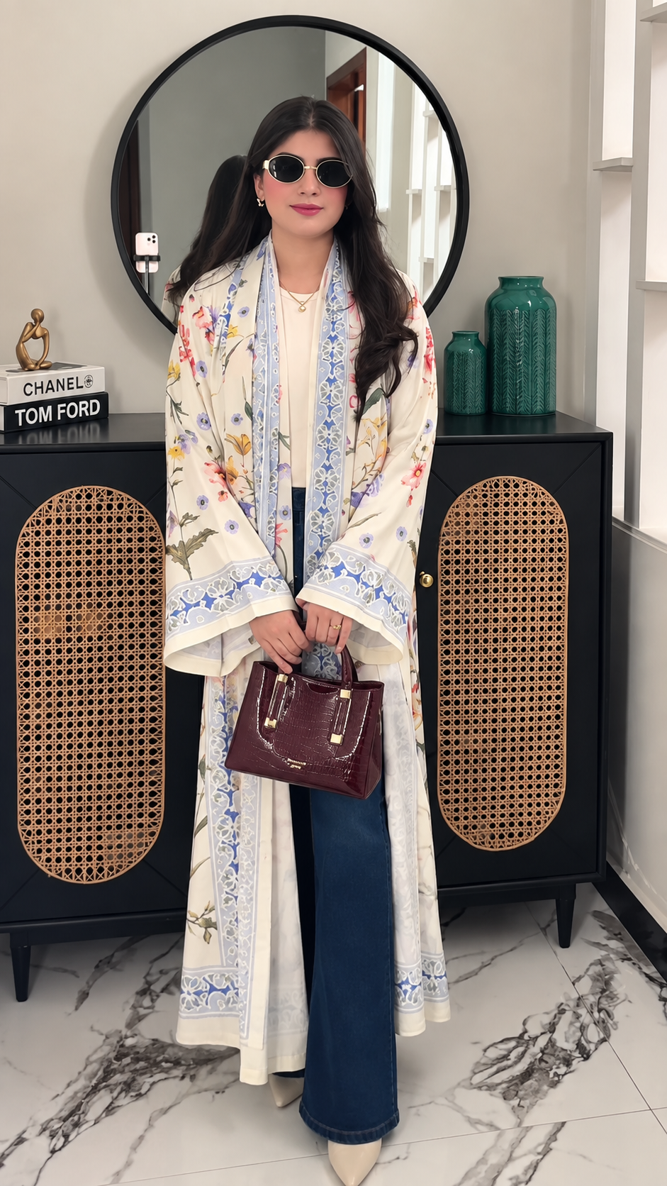 Premium Ivory Floral Printed Shrug Abaya Set with Matching Dupatta