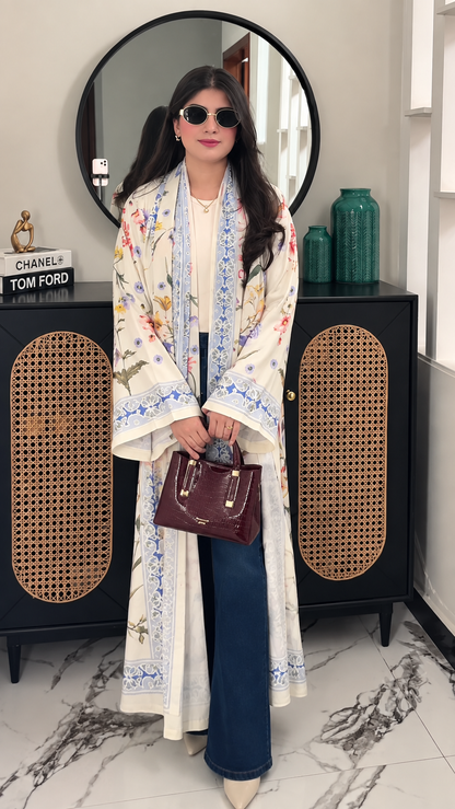 Premium Ivory Floral Printed Shrug Abaya Set with Matching Dupatta