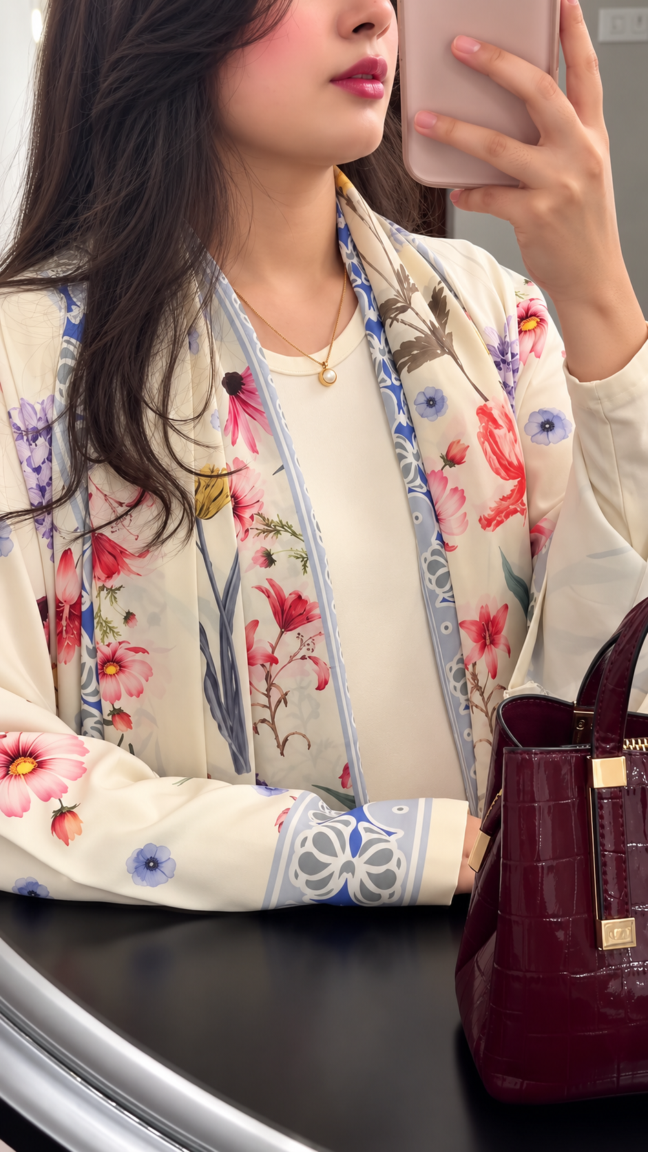 Premium Ivory Floral Printed Shrug Abaya Set with Matching Dupatta