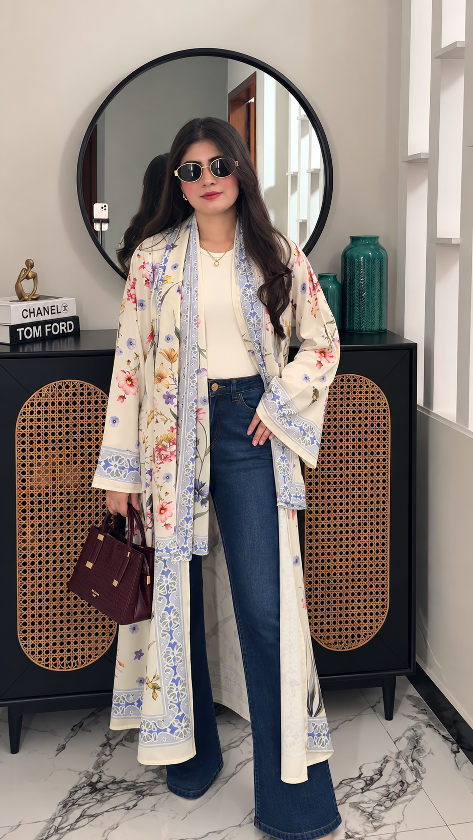 Premium Ivory Floral Printed Shrug Abaya Set with Matching Dupatta