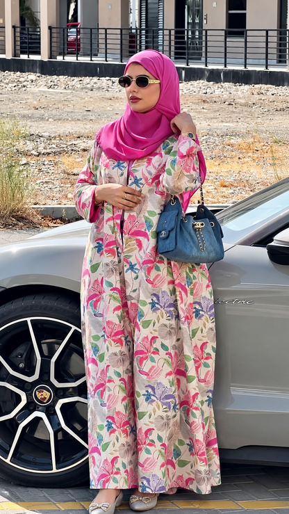 Premium Multicolor Floral Printed Shrug Abaya with Matching Dupatta
