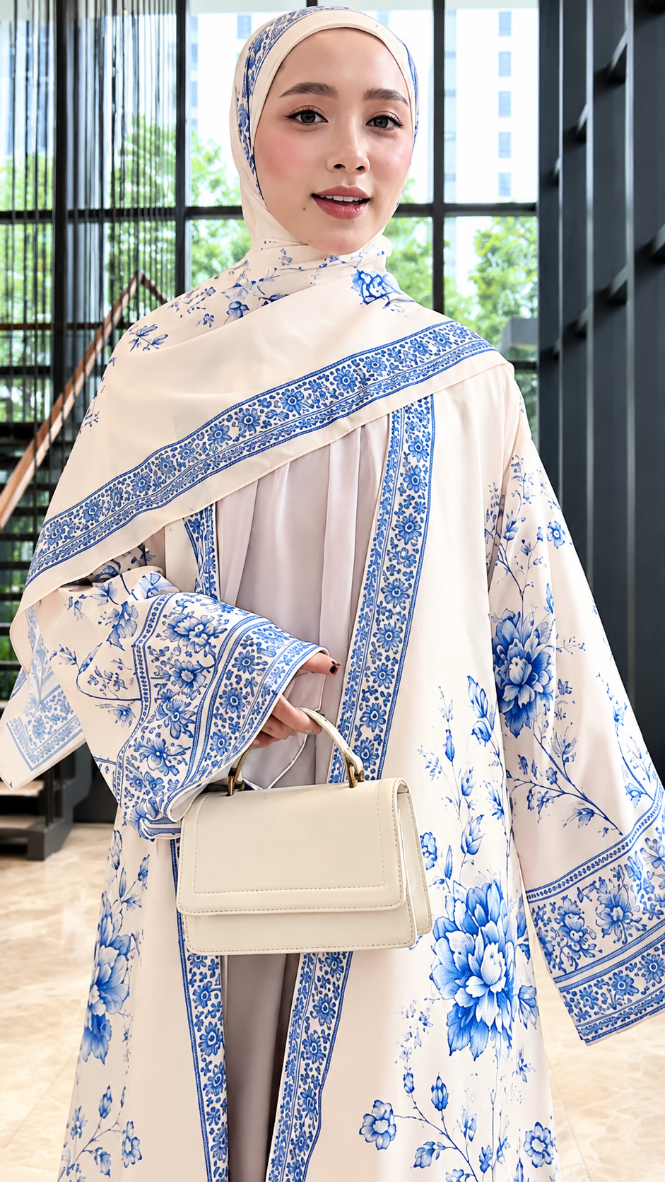 Premium Ivory Blue Floral Printed Shrug Abaya with Matching Dupatta