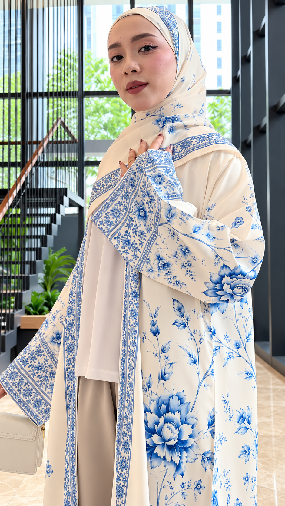 Premium Ivory Blue Floral Printed Shrug Abaya with Matching Dupatta