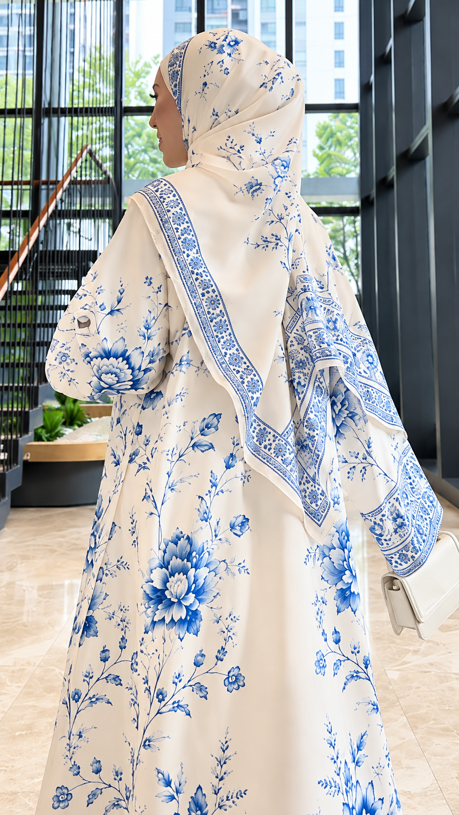 Premium Ivory Blue Floral Printed Shrug Abaya with Matching Dupatta