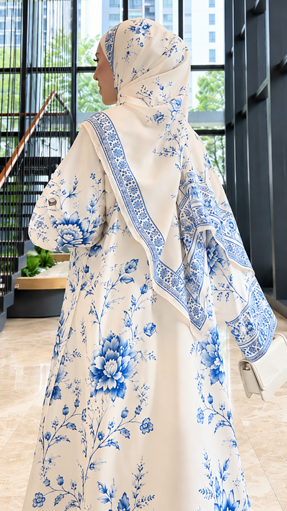 Premium Ivory Blue Floral Printed Shrug Abaya with Matching Dupatta