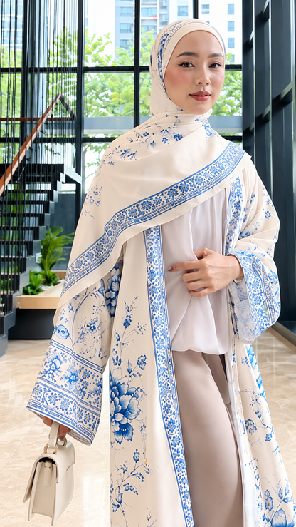 Premium Ivory Blue Floral Printed Shrug Abaya with Matching Dupatta