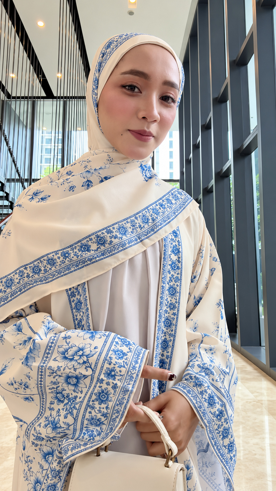 Premium Ivory Blue Floral Printed Shrug Abaya with Matching Dupatta