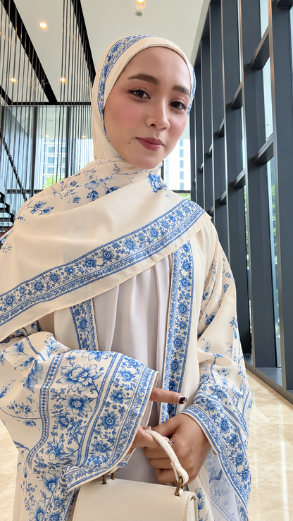 Premium Ivory Blue Floral Printed Shrug Abaya with Matching Dupatta