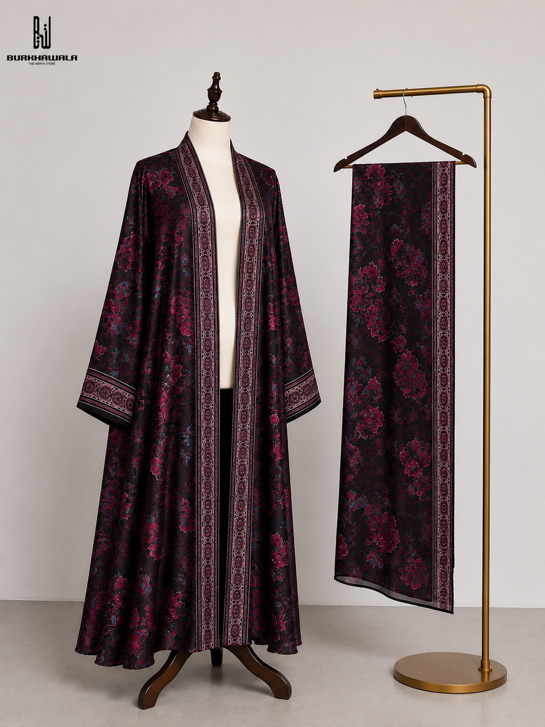 Premium Black Floral Printed Long Shrug with Matching Dupatta