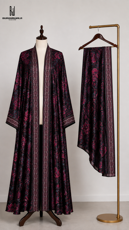 Premium Black Floral Printed Long Shrug with Matching Dupatta