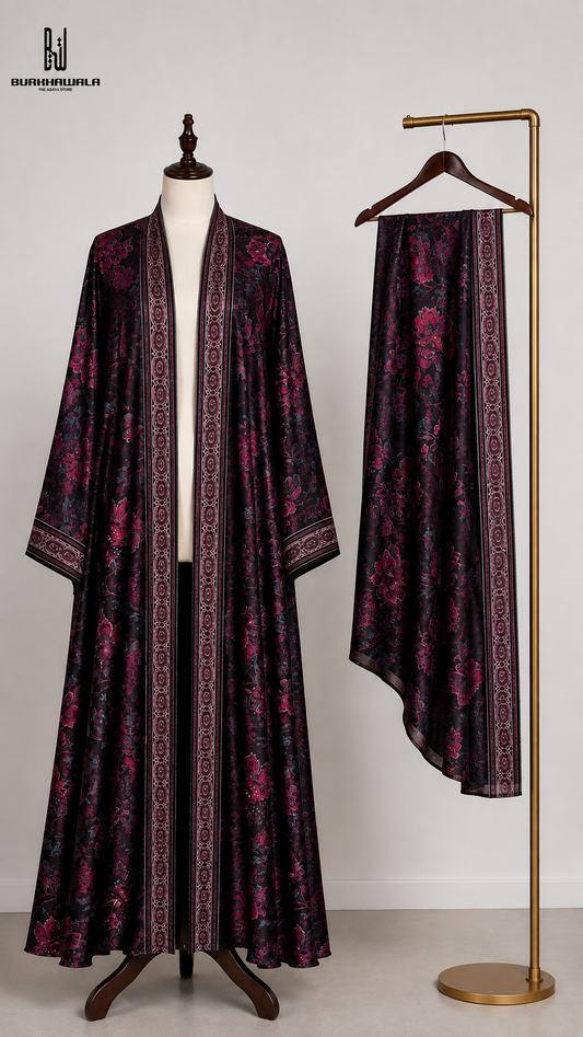 Premium Black Floral Printed Long Shrug with Matching Dupatta