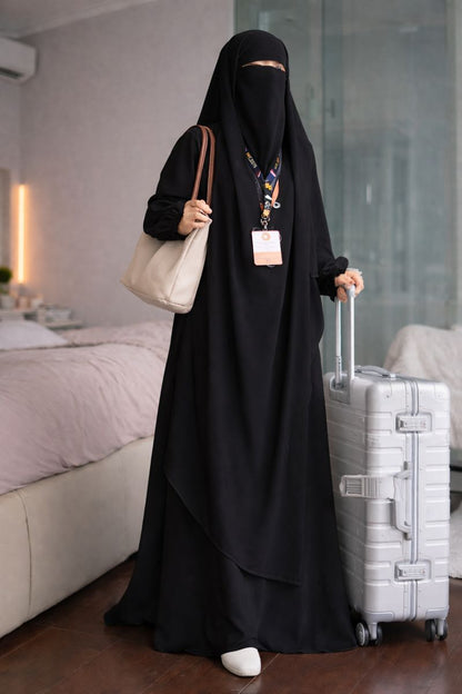 Three Piece Abaya with Khimar Attached Nosepiece